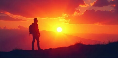 Silhouette of a lone figure against a vibrant sunset, symbolizing spiritual awakening and the journey to enlightenment , silhouette, soul, horizon