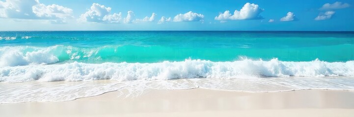 Stunning vibrant turquoise ocean waves crashing on a white sandy beach, creating a breathtaking seascape  Perfect for travel, vacation, and summer themes ,  horizon,  serenity