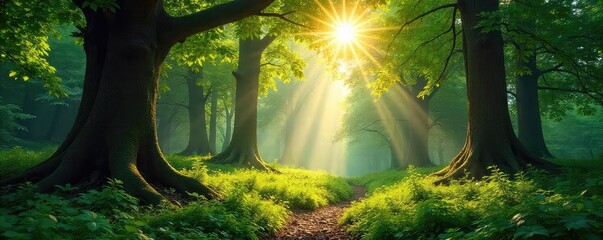 Sun-dappled forest floor, lush green undergrowth, ancient trees reaching for the sky, wild untamed beauty A serene and peaceful scene in nature's embrace , woods, sunlight