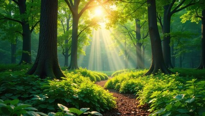 Sun-dappled forest floor, lush green undergrowth, towering trees, dappled sunlight filtering through leaves, peaceful woodland scene, serene nature background , summer, fall