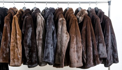 Row of brown faux fur coats on hangers