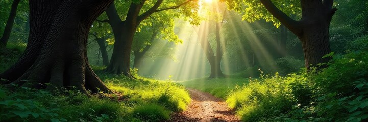 Sun-dappled forest path winding through ancient trees, lush undergrowth, dappled light, peaceful scene , nature, mystical, woodland