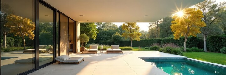 Sun-drenched modern home with expansive windows overlooking a tranquil garden Open floor plan, sleek design, minimalist aesthetic, perfect for luxurious living , building, stylish