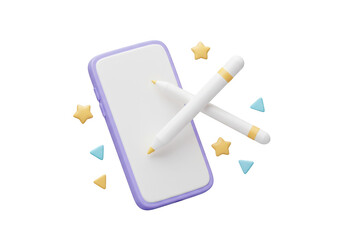 A smartphone with a stylus on its screen, surrounded by colorful stars and triangles isolated on transparent background