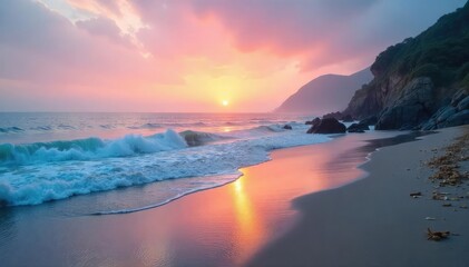 Tranquil seaside scenery at dawn, mist clinging to the shore, calm ocean waves gently lapping the beach Perfect for travel, nature, and relaxation themes , travel, nature