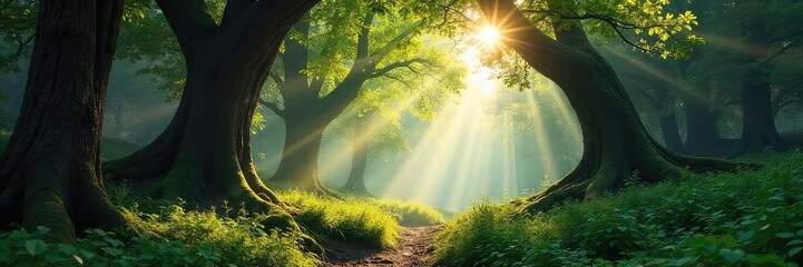 Untamed wilderness, sunlight dappling through ancient trees in a lush, vibrant forest teeming with life Discover the raw beauty of nature's untamed heart , secluded, forest, background