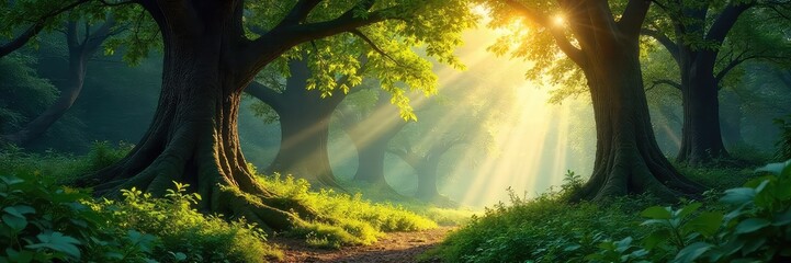 Untamed wilderness, sunlight dappling through ancient trees in a lush, vibrant forest teeming with life Discover the raw beauty of nature's untamed heart , vegetation, roots