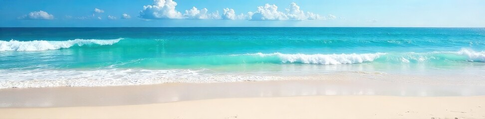 Vast, cerulean ocean waves crashing on a pristine sandy shore, untouched by human development Sunlit, tranquil scene Perfect for travel, nature, and environmental themes , summer, vibrant
