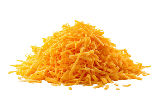 Pile of shredded orange cheddar cheese on black background isolated on a transparent background dairy