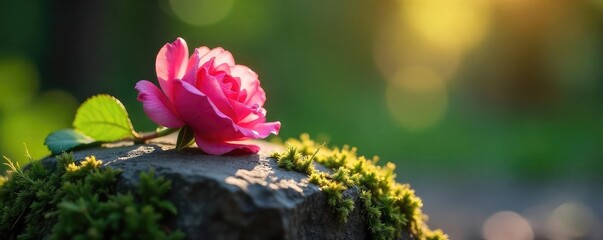 Obraz premium A single, delicate pink rose rests on a sun-drenched, moss-covered stone, symbolizing serenity and spiritual grace Perfect for concepts of hope, faith, and new beginnings , macro, flower