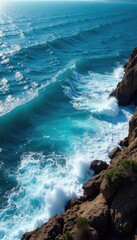 Vast ocean expanse, deep blue water, waves crashing on a rocky shore, dramatic seascape, sunlit surface, powerful nature , vivid, ocean scene, natural landscape