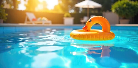 Vibrant summer scene with bright inflatable toys in a sparkling blue swimming pool, under a sunny sky  Perfect for travel, vacation, and summer fun themes ,  relaxation,  refreshing,  swimming pool