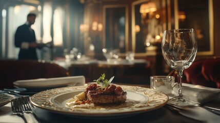 Gourmet Dish in Luxurious Restaurant Setting, Elegant Fine Dining Experience