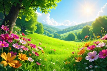 Vibrant summer scene featuring lush greenery, bright flowers, and a sun-drenched landscape, perfect for evoking feelings of warmth and joy , colorful, tropical