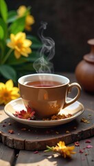 A steaming cup of herbal tea sits on a rustic wooden table, surrounded by dried flowers and tea leaves, conveying a sense of calm and well-being , mindfulness, meditation