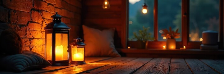 Warm, inviting glow of lanterns illuminating a cozy home interior at night  Perfect for autumn, hygge, or home d?cor themes  Shot emphasizes soft light and comfortable ambiance , minimalist, lantern