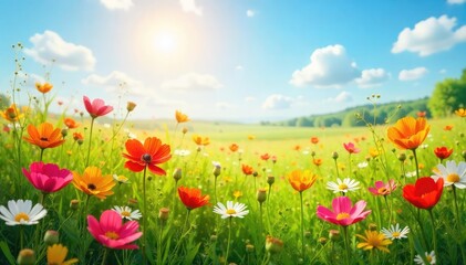 Vibrant wildflowers in a sun-drenched field, swaying gently in the breeze, creating a picturesque natural landscape perfect for a decorative background ,  background,  meadow,  serene