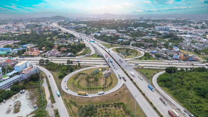 Aerial top view Road traffic in city at thailand .