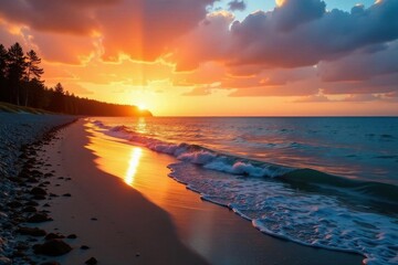 Lake Michigan shoreline bathed in golden sunset hues , landscape, summer, orange