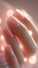 Glossy nude manicure, closeup of flawless nail polish and glowing skin tone in soft pastel light with warm pink bokeh and elegant minimal styling for modern feminine care

