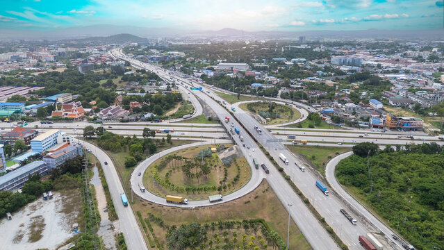 Aerial top view Road traffic in city at thailand .