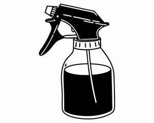 Illustration of a black and white spray bottle with liquid, perfect for cleaning or gardening needs