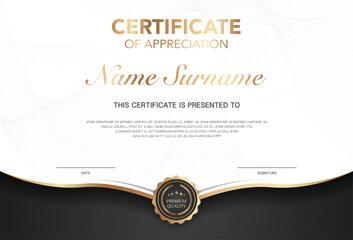 Modern certificate of appreciation template with elegant gold and black design, premium quality badge, customizable name and signature area, perfect for awards, achievement or recognition.