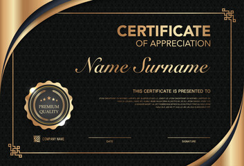 Modern certificate of appreciation template with elegant gold and black design, premium quality badge, customizable name and signature area, perfect for awards, achievement or recognition.