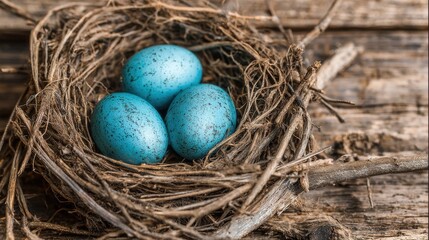 Obraz premium Three blue eggs with speckles sit securely in a small nest crafted from twigs and branches, resting atop a textured, weathered wooden background in natural light.