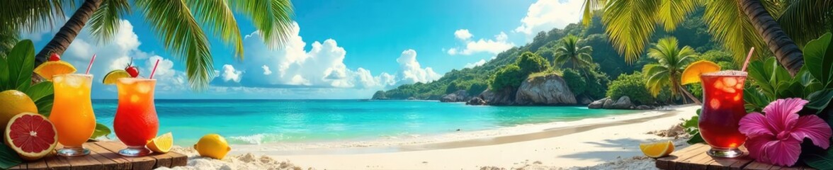 Fototapeta premium A vibrant tropical island paradise, overflowing with colorful cocktails, lush foliage, and inviting beach scenery Perfect for summer vacation promotions or travel advertising , hammock, getaway