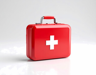 Obraz premium Red first aid kit emergency medical supplies healthcare equipment box
