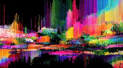 Colorful abstract digital glitch art with neon pink, green, blue, and yellow hues, vertical distortion effect on black background  