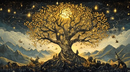 Golden Tree of Life Mystical Fantasy Landscape Artwork