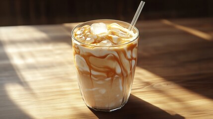 Creamy Caramel Iced Coffee Delight with Straw on Wooden Table