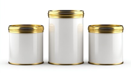 Three cylindrical white containers with gold rims, varying in height, arranged in a row against a white background; clean, simple design