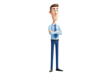 A confident cartoon businessman stands with his arms crossed, isolated on a transparent background
