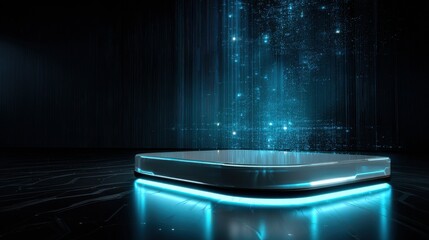 Futuristic glowing platform with holographic blue digital elements, dark sci-fi environment, neon light accents for virtual technology showcase  