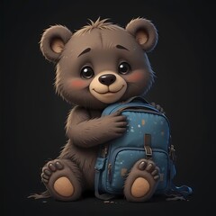 A charming brown bear with a happy expression sitting and holding a school backpack on a dark background, cartoon, digital art print, back to school themed
