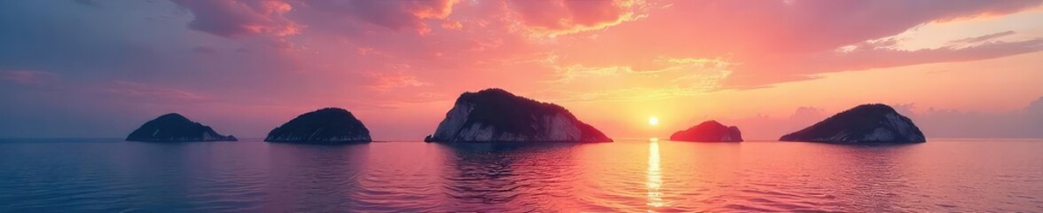 Five solitary islands rise from a calm ocean under a vibrant sunset, each a unique shape and size, untouched and serene , remote, untouched