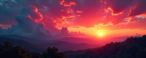 Fototapeta premium Fiery sunrise paints the sky in vibrant shades of red, orange, and pink, illuminating a tranquil landscape Clouds glow with intense color, a breathtaking natural spectacle , image, red sky, orange