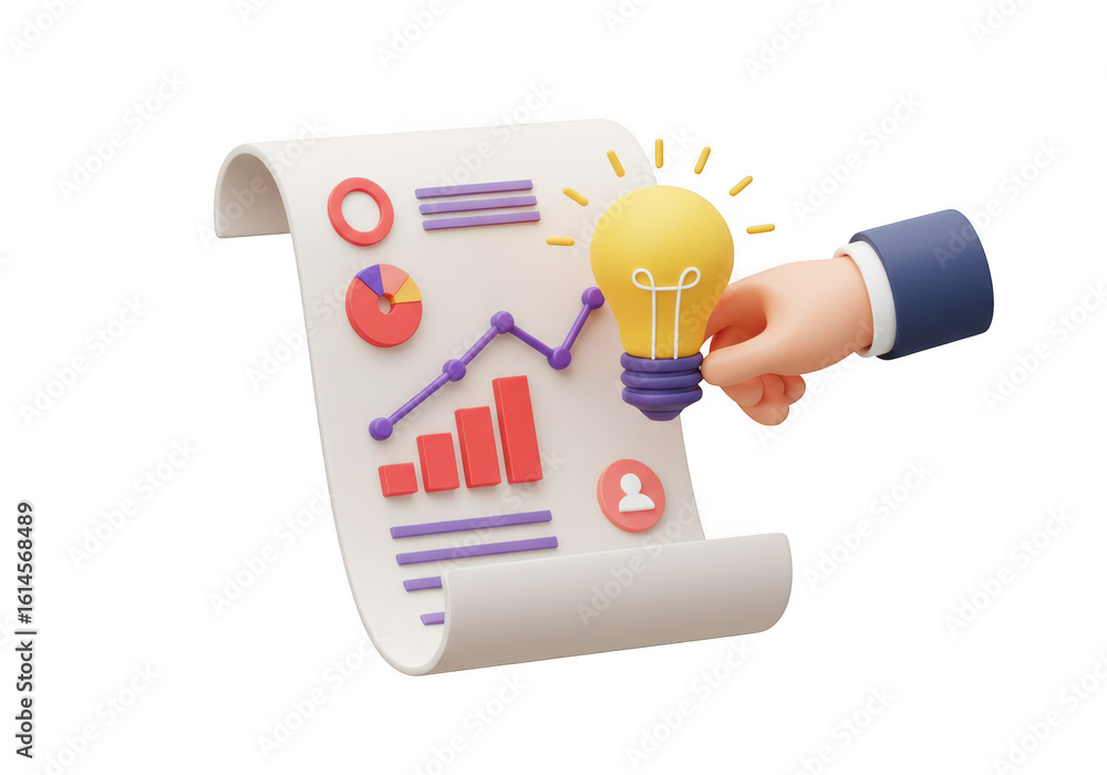 Aufkleber a hand holds a glowing lightbulb above a business report with charts and graphs, isolated on white i