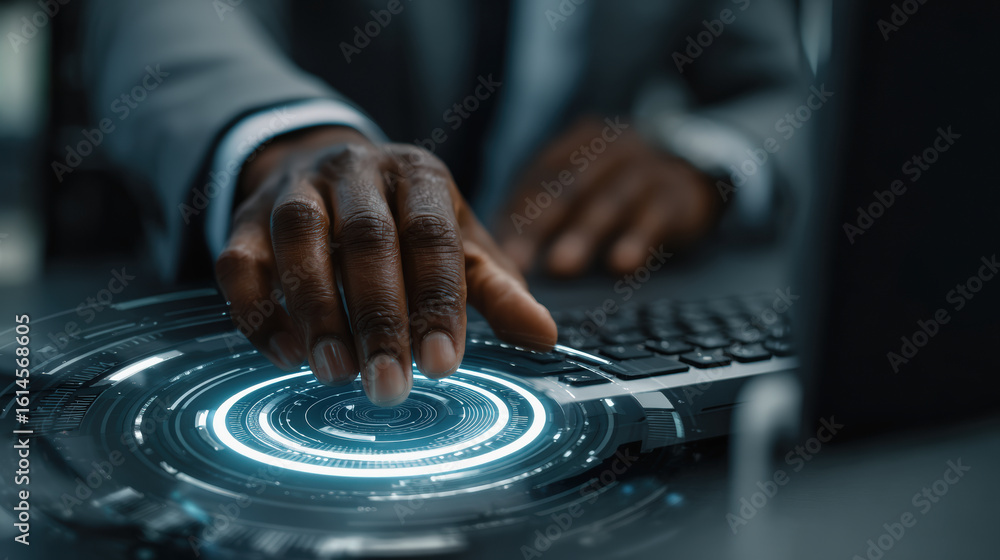 Poster business professional using computer with futuristic interface, showcasing technology and innovation