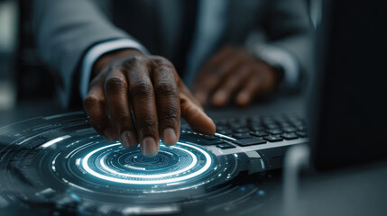 Business professional using computer with futuristic interface, showcasing technology and innovation. hand is positioned over digital display