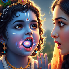 Divine Revelation: Mother Yashoda Witnesses Universe in Baby Krishna's Mouth