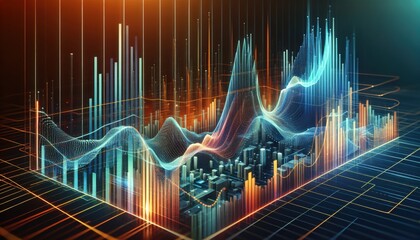 Futuristic Digital Data Visualization with Glowing Waveforms and Bar Graphs