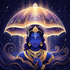 Lord Krishna Under a Divine Umbrella: Cosmic Protection and Serenity
