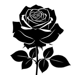 A stylized black rose with detailed petals, stem, thorns, and leaves, set against a white background.