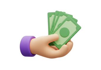 A cartoon hand wearing a purple cuff holds a fan of stylized green banknotes, isolated on white isolated on transparent background