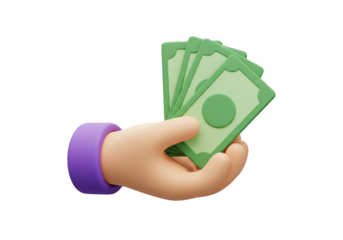 A cartoon hand wearing a purple cuff holds a fan of stylized green banknotes, isolated on white isolated on transparent background