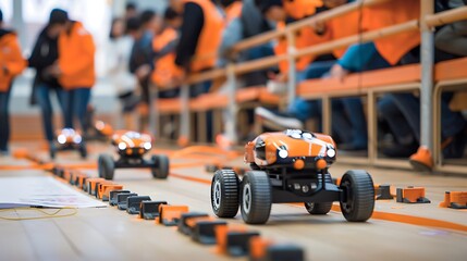 Robotics Competition with Orange Robot Cars on a Track